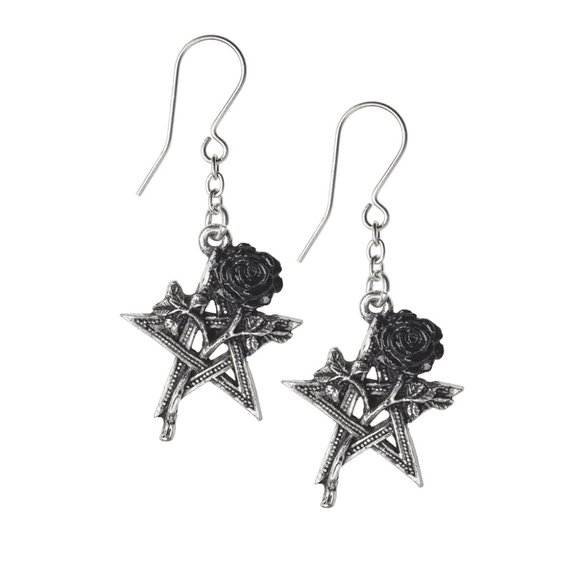 Alchemy Gothic Pentagram Black Rose Hook Earrings - Picture 2 of 4